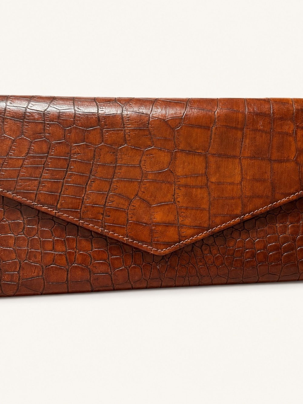 Vintage Croc-Embossed Leaver Envelope Wallet Clutch in Cognac Brown